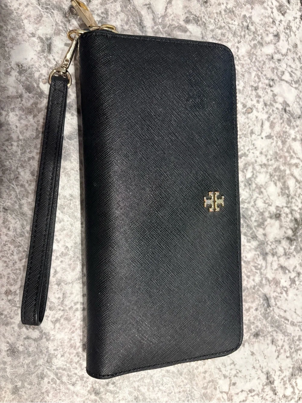 Tory Burch Emerson Continental Black Saffiano Leather Zip-Around Wristlet Wallet